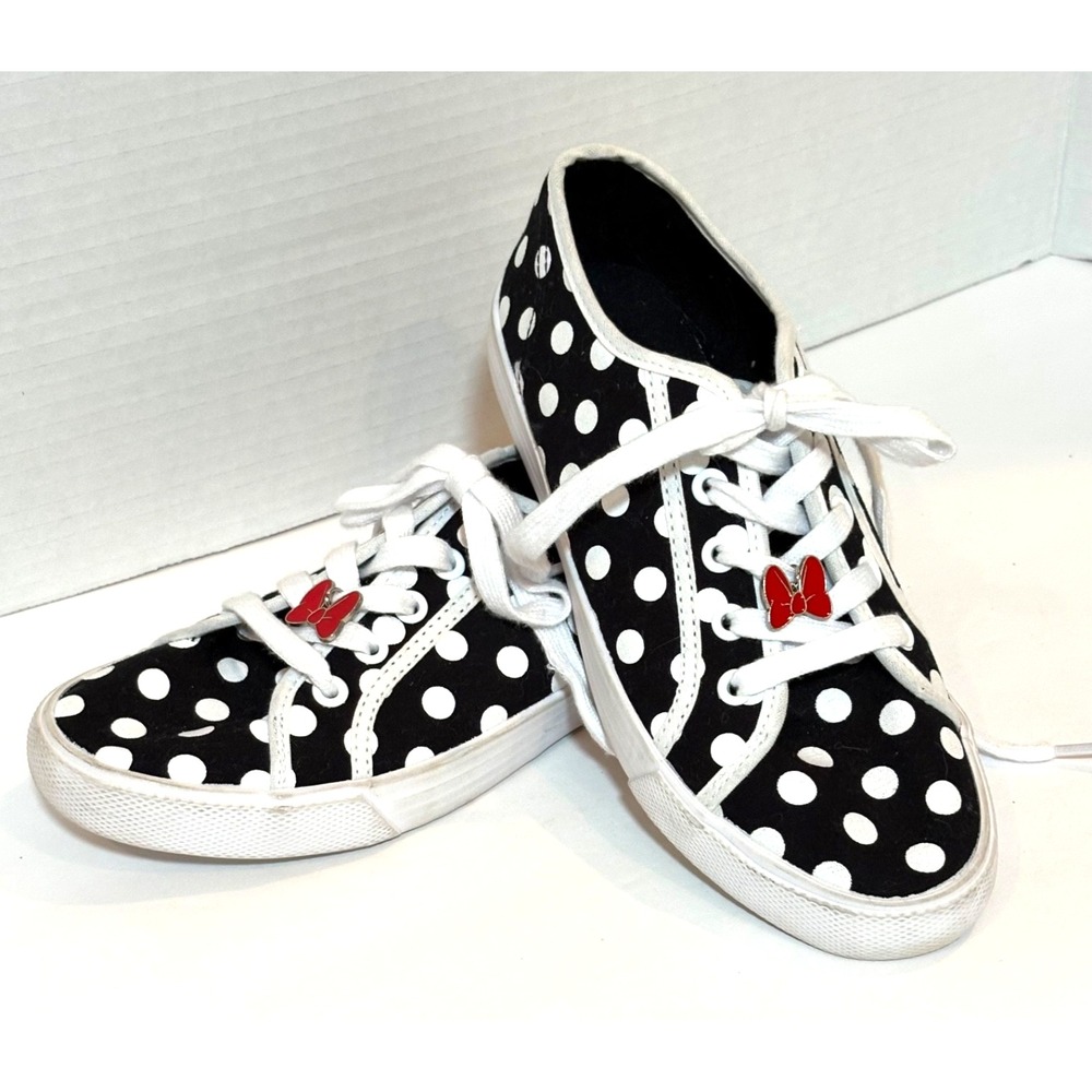 Disney Minnie Mouse Polka Dot Sneakers Girl's Size 5 Black White Lace Up Red Bow